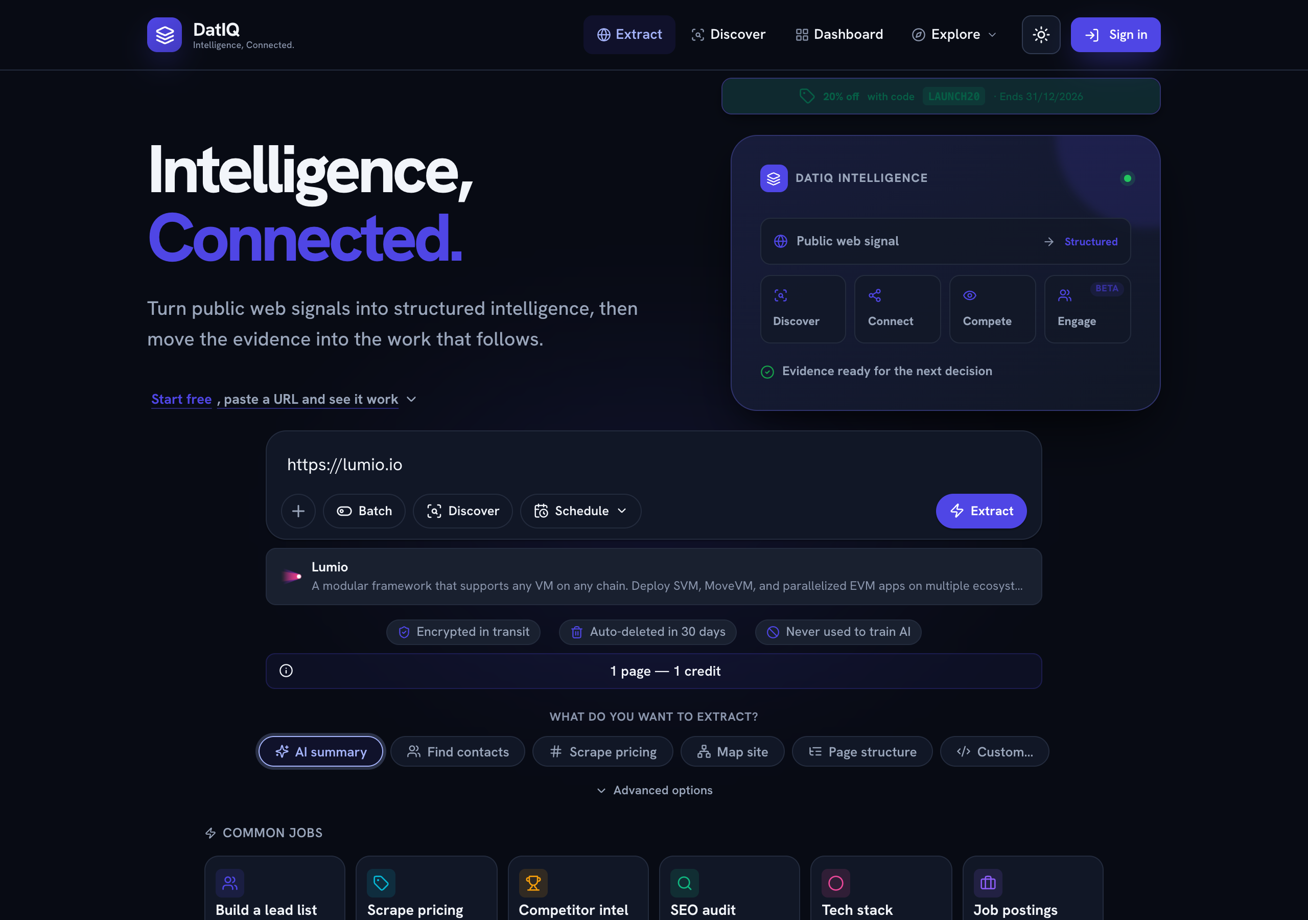DatIQ Home in dark mode