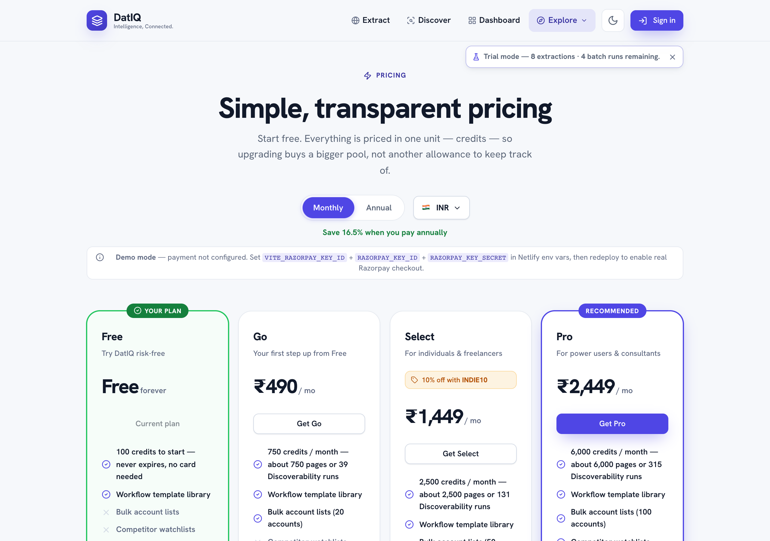 DatIQ pricing page