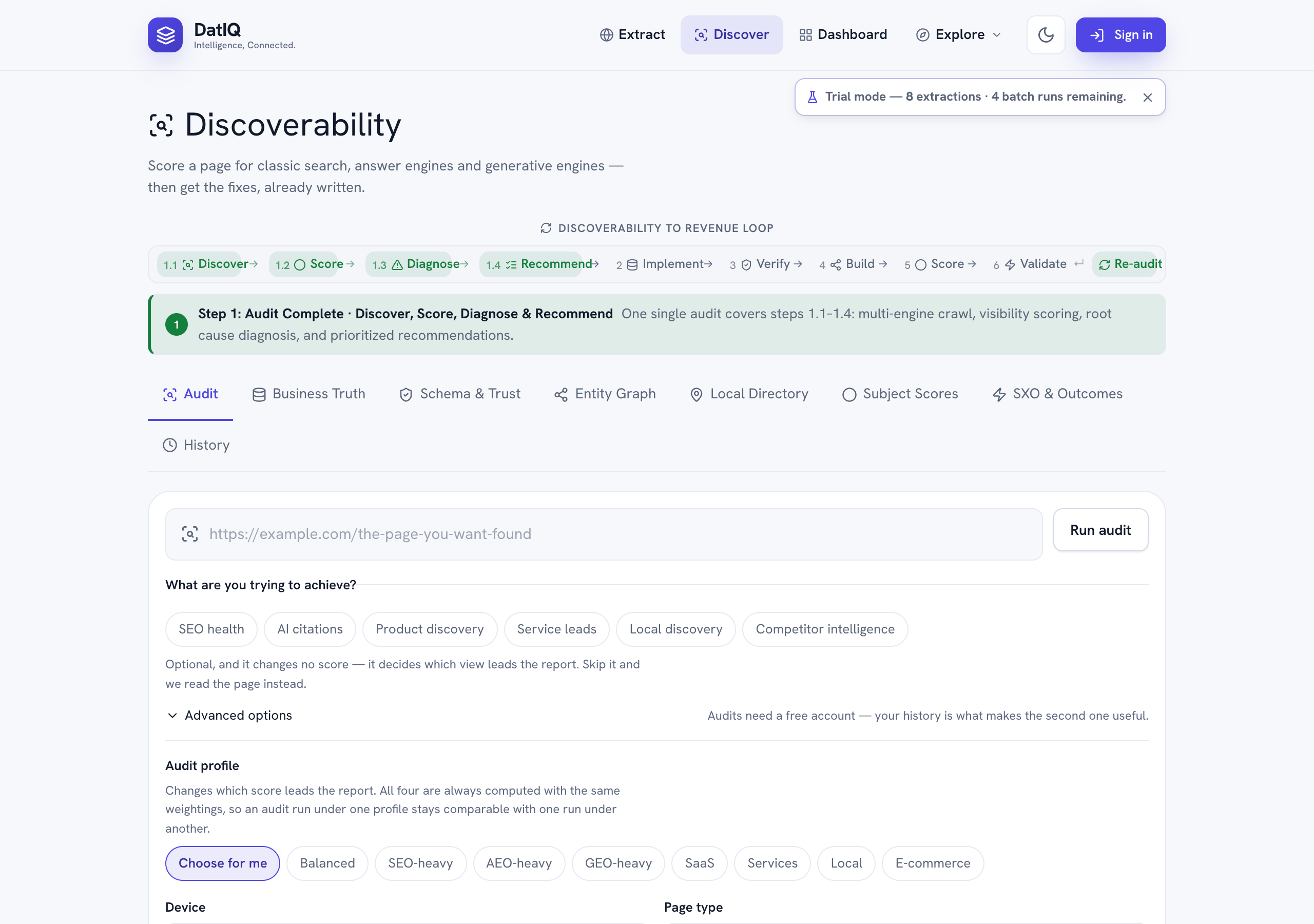 The DatIQ Discoverability screen